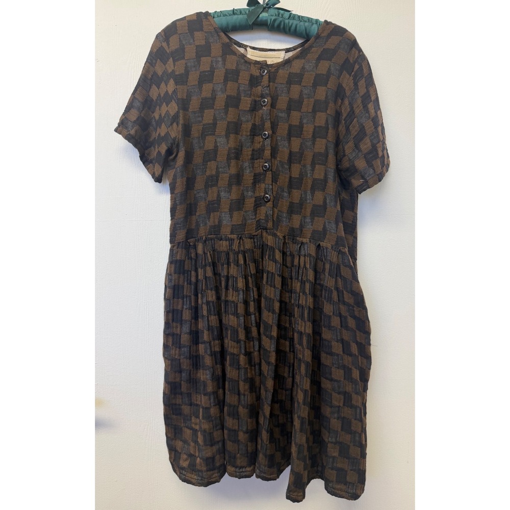 Ace & Jig Brown Black Woven Checkered Short Sleeve Button Front Dress Medium